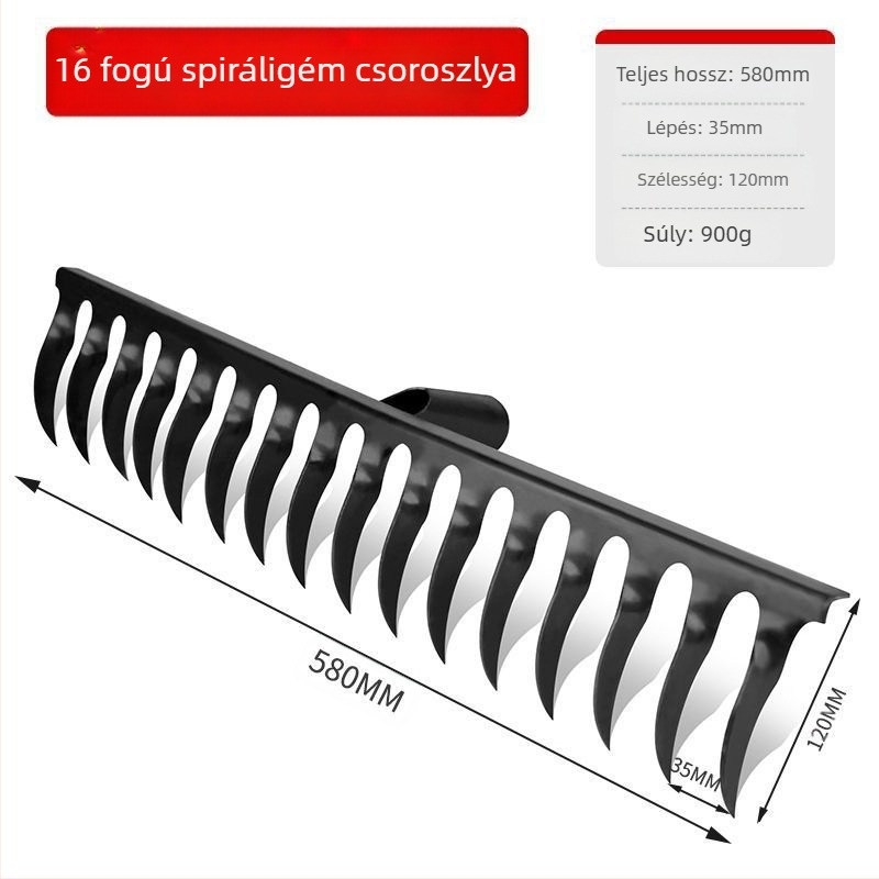 Spirálisan kerti gereblye mangánacélból, fa nyéllel, hegesztett és kézzel kovácsolt kivitelben, mezőgazdasági és kertészeti használatra