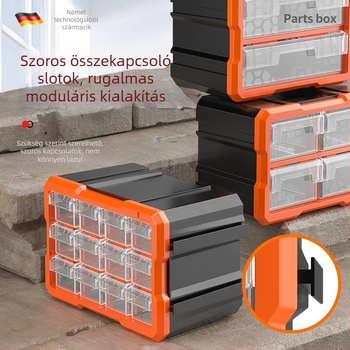 Fióktípusú kis alkatrész-szervező, PVC, 3 mm falvastagság, fedéllel, osztókkal