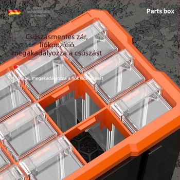 Fióktípusú kis alkatrész-szervező, PVC, 3 mm falvastagság, fedéllel, osztókkal