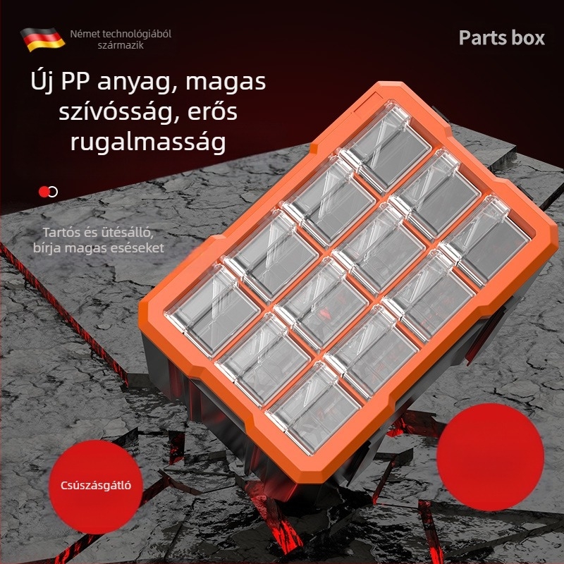 Fióktípusú kis alkatrész-szervező, PVC, 3 mm falvastagság, fedéllel, osztókkal