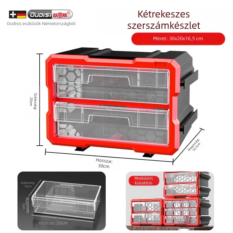 Fióktípusú kis alkatrész-szervező, PVC, 3 mm falvastagság, fedéllel, osztókkal
