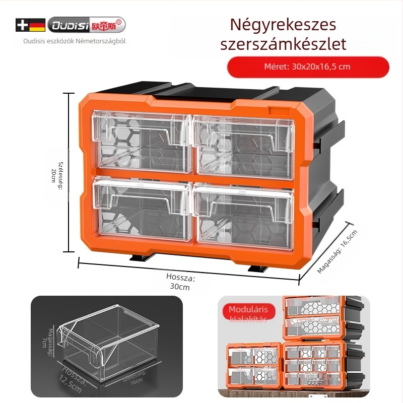 Fióktípusú kis alkatrész-szervező, PVC, 3 mm falvastagság, fedéllel, osztókkal