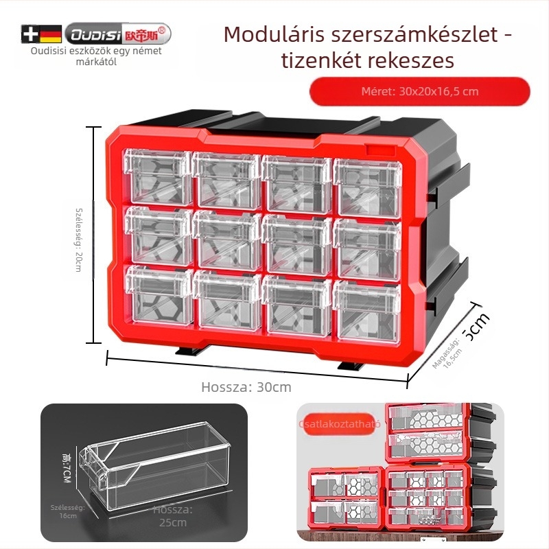 Fióktípusú kis alkatrész-szervező, PVC, 3 mm falvastagság, fedéllel, osztókkal