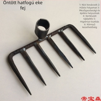 Kézzel kovácsolt négyfogú gereblye fej, vasból készült, kertben és gazdaságban használható