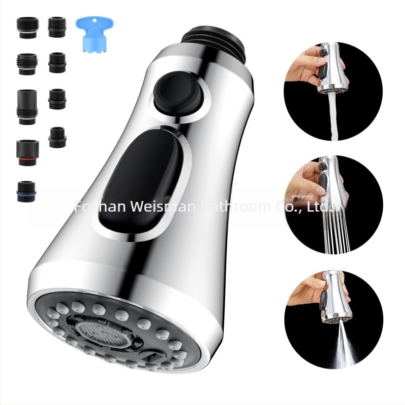 Konyhai kihúzható sprayfej — ABS anyag, egyszemélyes felépítés, spirálisan nyíló, kerámia korongos szeleptest, elektroplattolt felület, modern minimalista stílus