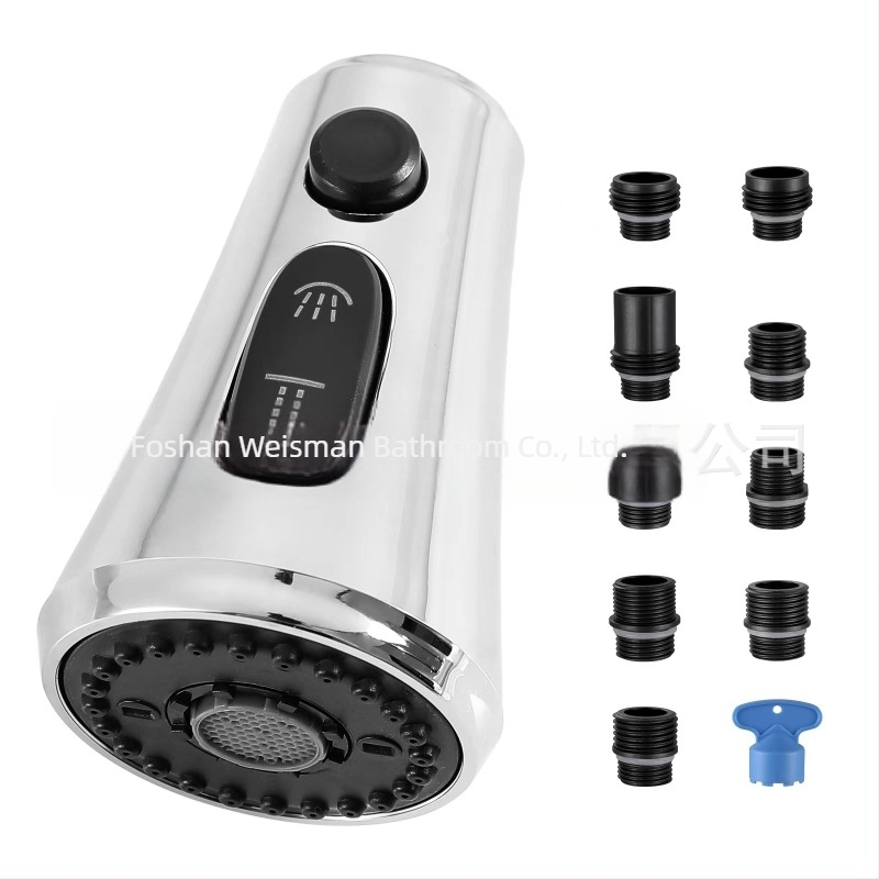 Konyhai kihúzható sprayfej — ABS anyag, egyszemélyes felépítés, spirálisan nyíló, kerámia korongos szeleptest, elektroplattolt felület, modern minimalista stílus