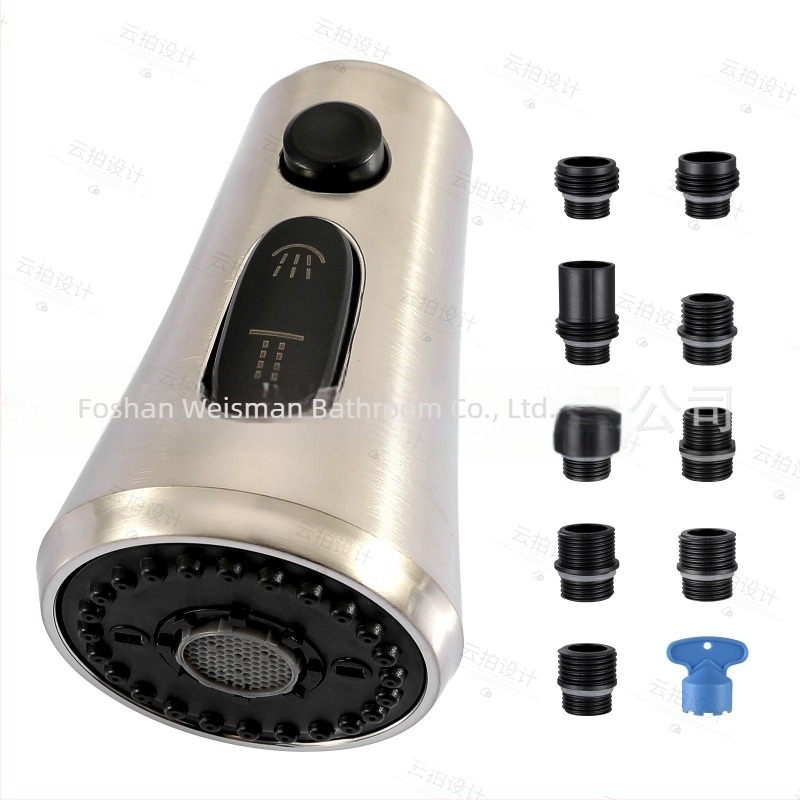 Konyhai kihúzható sprayfej — ABS anyag, egyszemélyes felépítés, spirálisan nyíló, kerámia korongos szeleptest, elektroplattolt felület, modern minimalista stílus