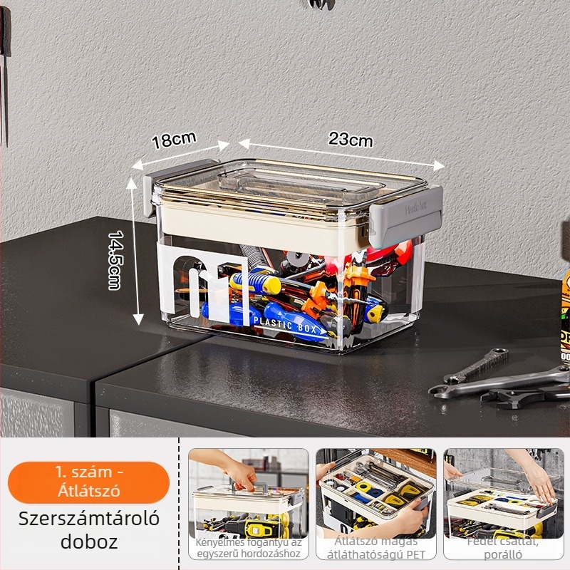 PET műanyag szerszámkészlet tároló, áttetsző kétszintes rendező, 35 L kapacitás, modell MM-8001