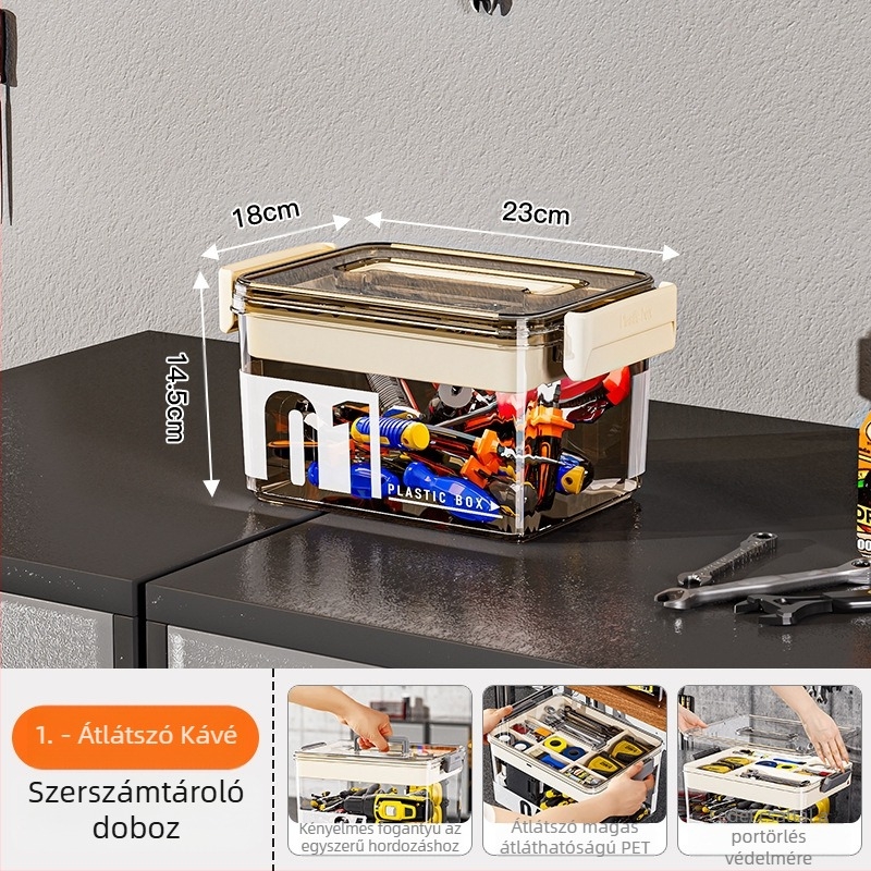 PET műanyag szerszámkészlet tároló, áttetsző kétszintes rendező, 35 L kapacitás, modell MM-8001