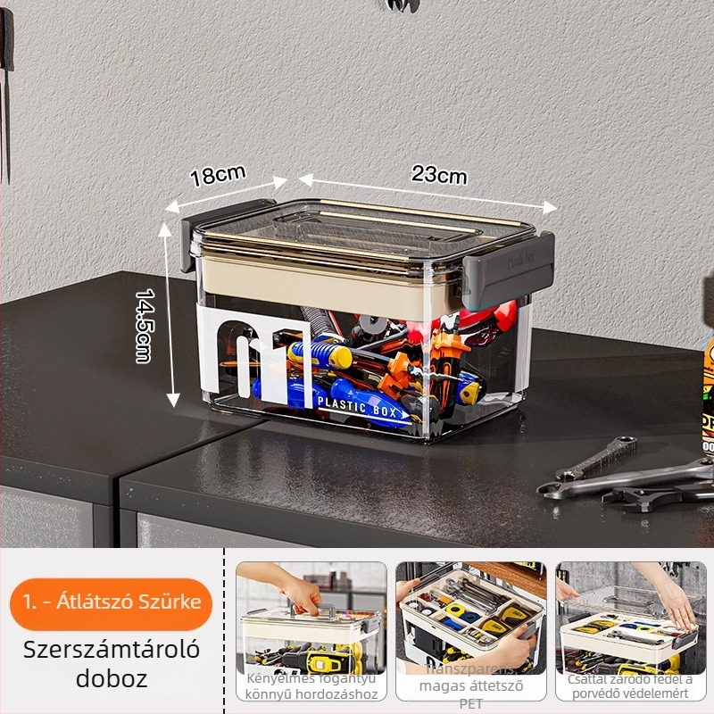 PET műanyag szerszámkészlet tároló, áttetsző kétszintes rendező, 35 L kapacitás, modell MM-8001