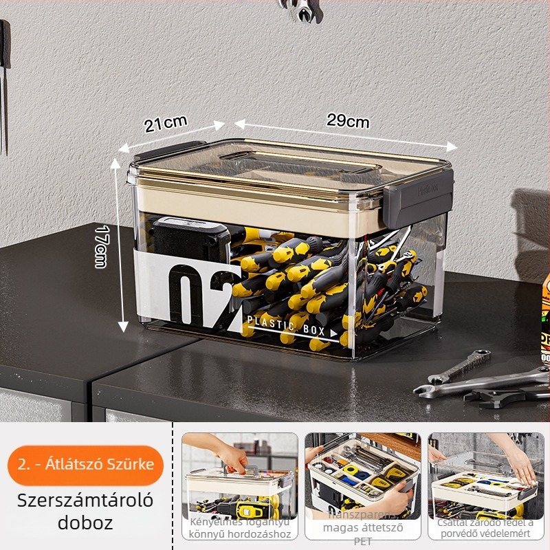 PET műanyag szerszámkészlet tároló, áttetsző kétszintes rendező, 35 L kapacitás, modell MM-8001
