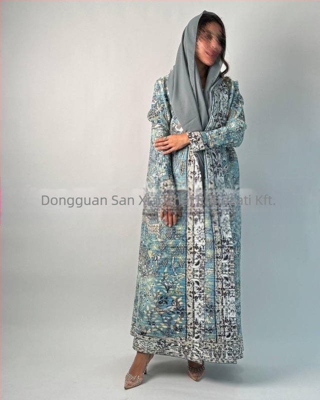 Arab abaya fodrozott mintával, hosszú ujjú, hosszított fazon, kötőzáras záródás