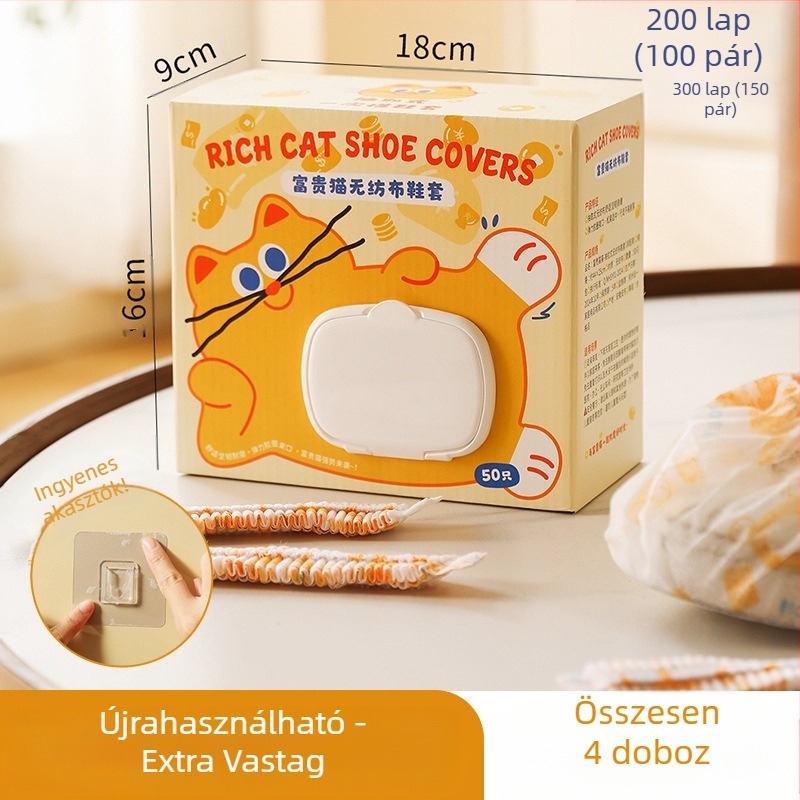 Otthoni cipővédők, vastag nem szövött anyagból, egyszer használatos beltérre, macskás mintával