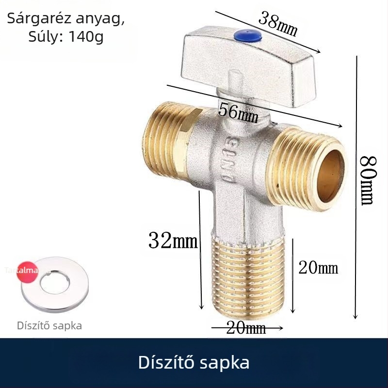  Réz ötvözetű 90 fokos beépített gömbcsap, nagy áramlású, forró és hideg vízhez; modell YLF1325; működő nyomás 0.8 MPa; belső Ø 20 mm; falba épített telepítés; univerzális felhasználás