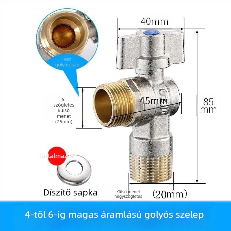  Réz ötvözetű 90 fokos beépített gömbcsap, nagy áramlású, forró és hideg vízhez; modell YLF1325; működő nyomás 0.8 MPa; belső Ø 20 mm; falba épített telepítés; univerzális felhasználás