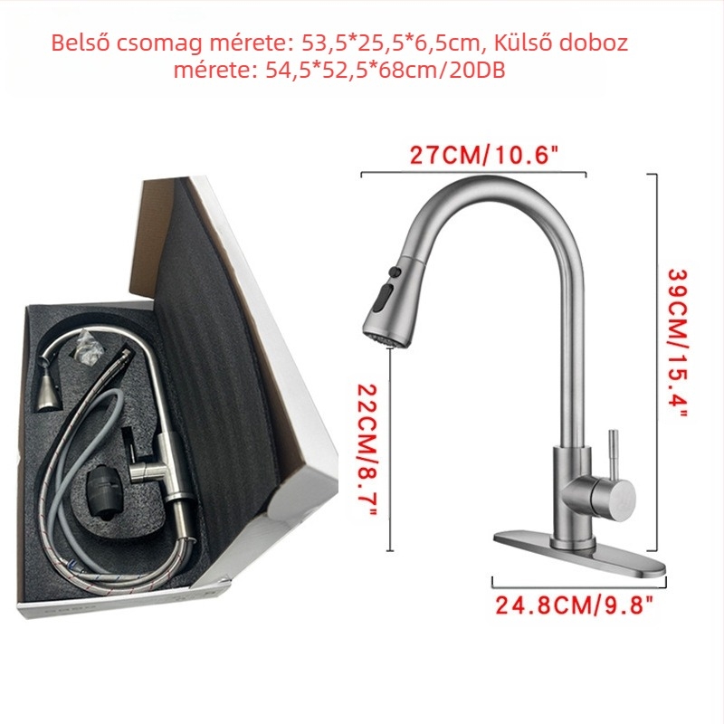 Kihúzható konyhai mosogatócsaptelep, rozsdamentes acélból, brushed felület, kerámiás szeleppel, 20 mm bemenet