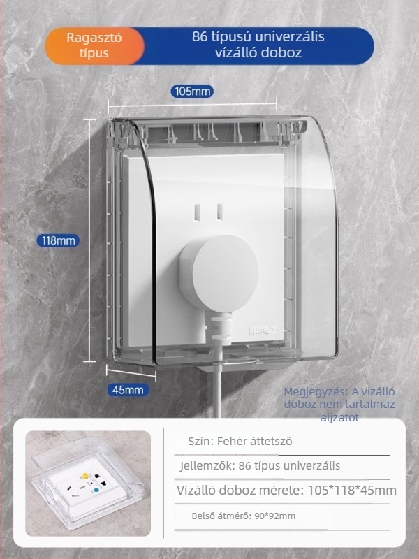 86-os típusú kapcsoló- és aljzatvédő fedél fürdőszobához, átlátszó, ragasztóval rögzíthető