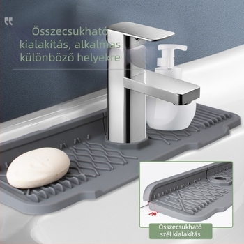 Szilikon csapra fröccsenés elleni védő alátét, vágásra alkalmas, meredek kialakítással a mosogató lefolyásához — modern, minimalist stílusú, szabálytalan alak