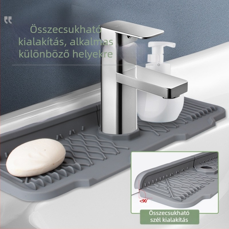 Szilikon csapra fröccsenés elleni védő alátét, vágásra alkalmas, meredek kialakítással a mosogató lefolyásához — modern, minimalist stílusú, szabálytalan alak