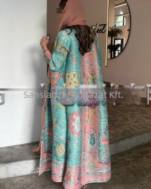 Női plisírozott abaya nyomtatott mintával, laza szabású, hosszított hossz, poliészter