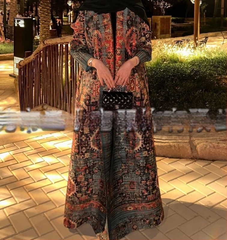 Női plisírozott abaya nyomtatott mintával, laza szabású, hosszított hossz, poliészter