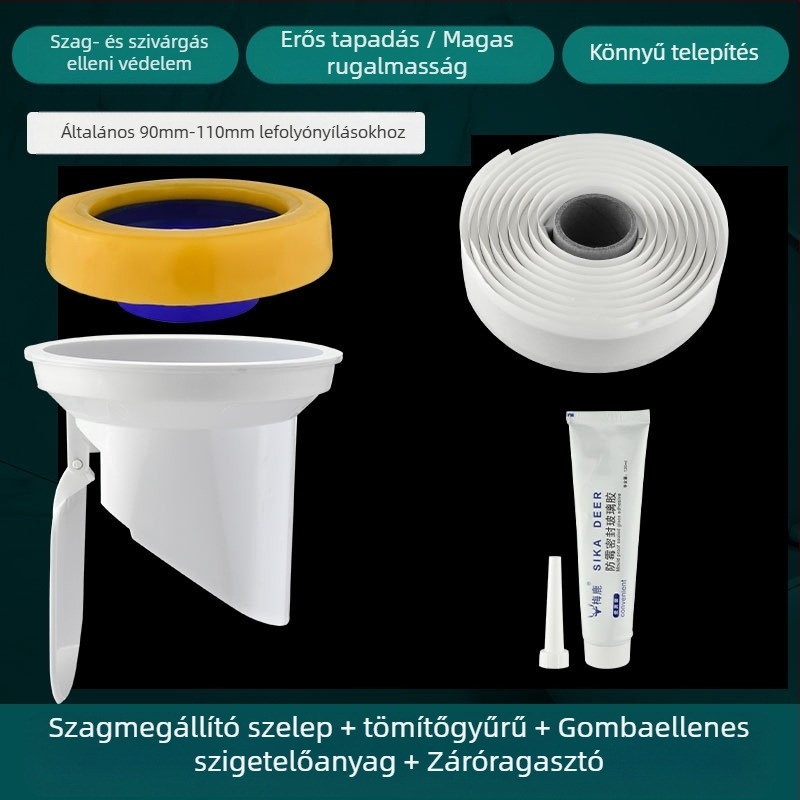 WC-fali csatlakozó, szagtalanító tömítőgyűrű, megvastagodott kivitel, univerzális alap, gumigyűrű a lefolyóhoz, szivárgásmentes