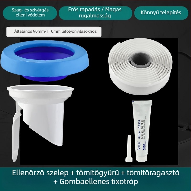WC-fali csatlakozó, szagtalanító tömítőgyűrű, megvastagodott kivitel, univerzális alap, gumigyűrű a lefolyóhoz, szivárgásmentes