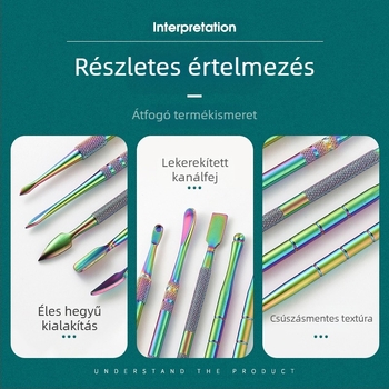 Nemesacélból készült pipatisztító és faragó eszközöket tartalmazó készlet, méretei 17,7 × 6 × 1,8 cm, tömege körülbelül 143 g; logó nyomtatás és magánmárka elérhető