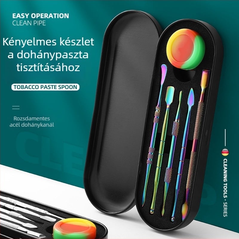 Nemesacélból készült pipatisztító és faragó eszközöket tartalmazó készlet, méretei 17,7 × 6 × 1,8 cm, tömege körülbelül 143 g; logó nyomtatás és magánmárka elérhető