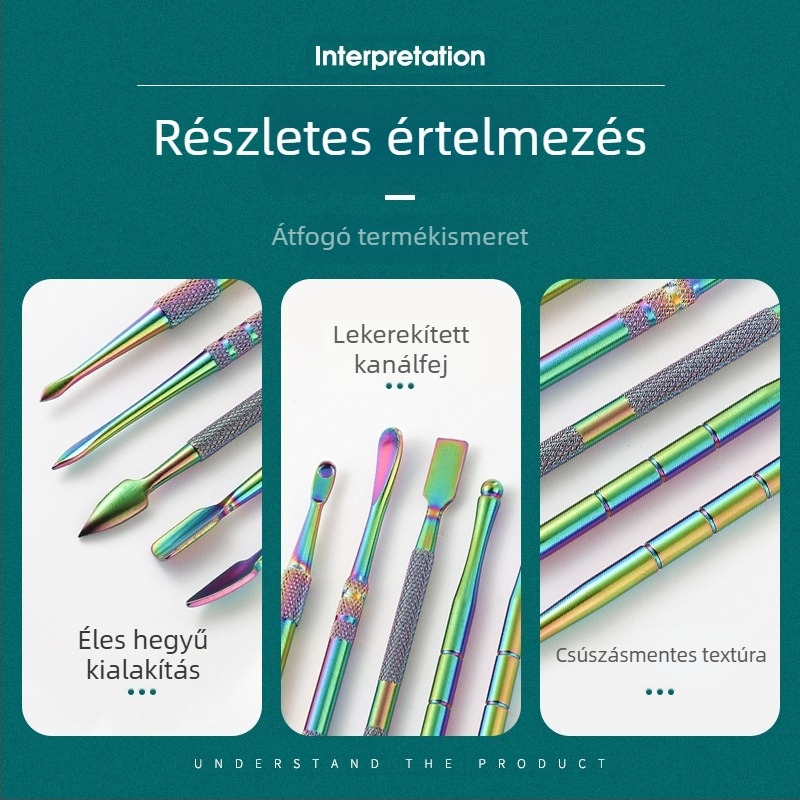 Nemesacélból készült pipatisztító és faragó eszközöket tartalmazó készlet, méretei 17,7 × 6 × 1,8 cm, tömege körülbelül 143 g; logó nyomtatás és magánmárka elérhető
