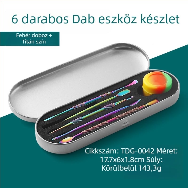Nemesacélból készült pipatisztító és faragó eszközöket tartalmazó készlet, méretei 17,7 × 6 × 1,8 cm, tömege körülbelül 143 g; logó nyomtatás és magánmárka elérhető