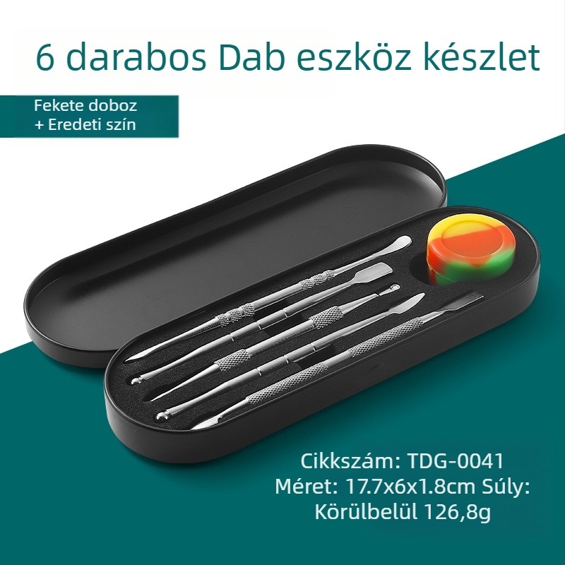 Nemesacélból készült pipatisztító és faragó eszközöket tartalmazó készlet, méretei 17,7 × 6 × 1,8 cm, tömege körülbelül 143 g; logó nyomtatás és magánmárka elérhető