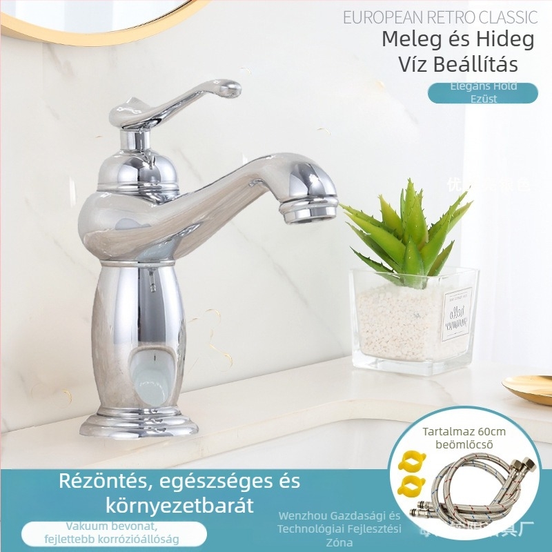 Európai stílusú mosdócsaptelep, réz test, kerámiás patron, 8 mm bemenet/kimenet, emelő működtetés