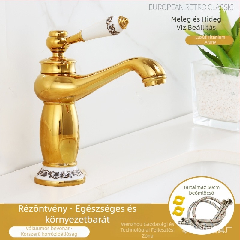 Európai stílusú mosdócsaptelep, réz test, kerámiás patron, 8 mm bemenet/kimenet, emelő működtetés