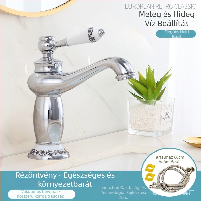 Európai stílusú mosdócsaptelep, réz test, kerámiás patron, 8 mm bemenet/kimenet, emelő működtetés