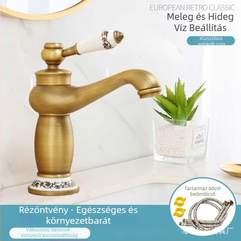 Európai stílusú mosdócsaptelep, réz test, kerámiás patron, 8 mm bemenet/kimenet, emelő működtetés
