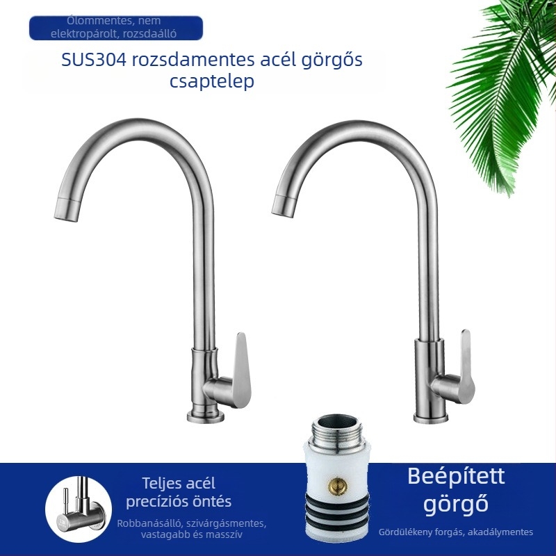 Konyhai mosogatócsap 8072, rozsdamentes acél, menetes csatlakozás, kerámiás patron, egyetlen hideg áramlás, forgatható fej