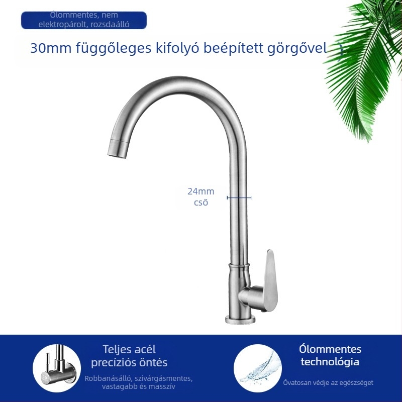 Konyhai mosogatócsap 8072, rozsdamentes acél, menetes csatlakozás, kerámiás patron, egyetlen hideg áramlás, forgatható fej