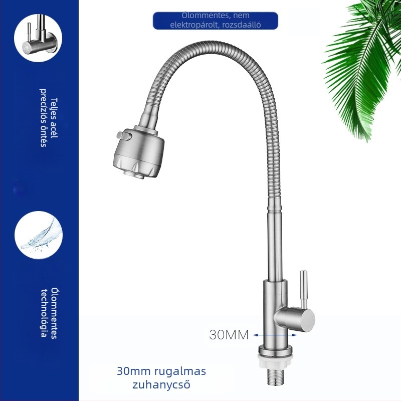 Konyhai mosogatócsap 8072, rozsdamentes acél, menetes csatlakozás, kerámiás patron, egyetlen hideg áramlás, forgatható fej