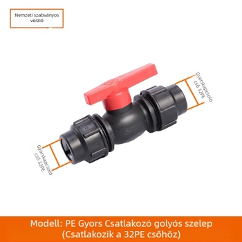 PE csőfitingek gyorscsatlakozással, T-alakú, könyök és toldó plus szelep; anyag PE; falvastagság 3,0 mm; osztály 80