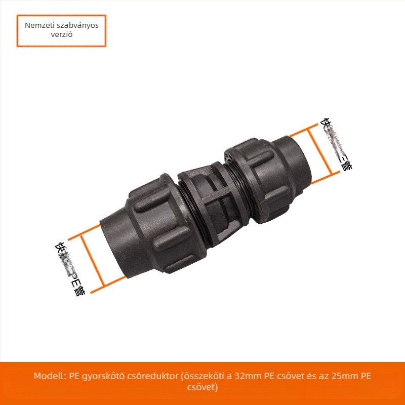 PE csőfitingek gyorscsatlakozással, T-alakú, könyök és toldó plus szelep; anyag PE; falvastagság 3,0 mm; osztály 80