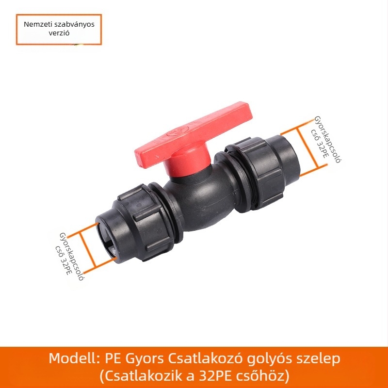 PE csőfitingek gyorscsatlakozással, T-alakú, könyök és toldó plus szelep; anyag PE; falvastagság 3,0 mm; osztály 80