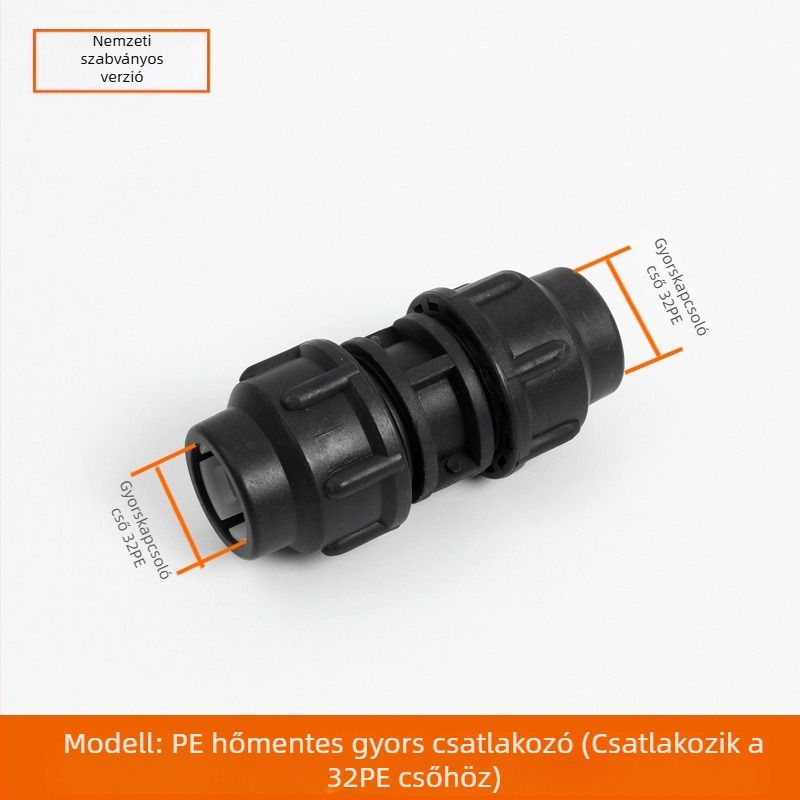 PE csőfitingek gyorscsatlakozással, T-alakú, könyök és toldó plus szelep; anyag PE; falvastagság 3,0 mm; osztály 80