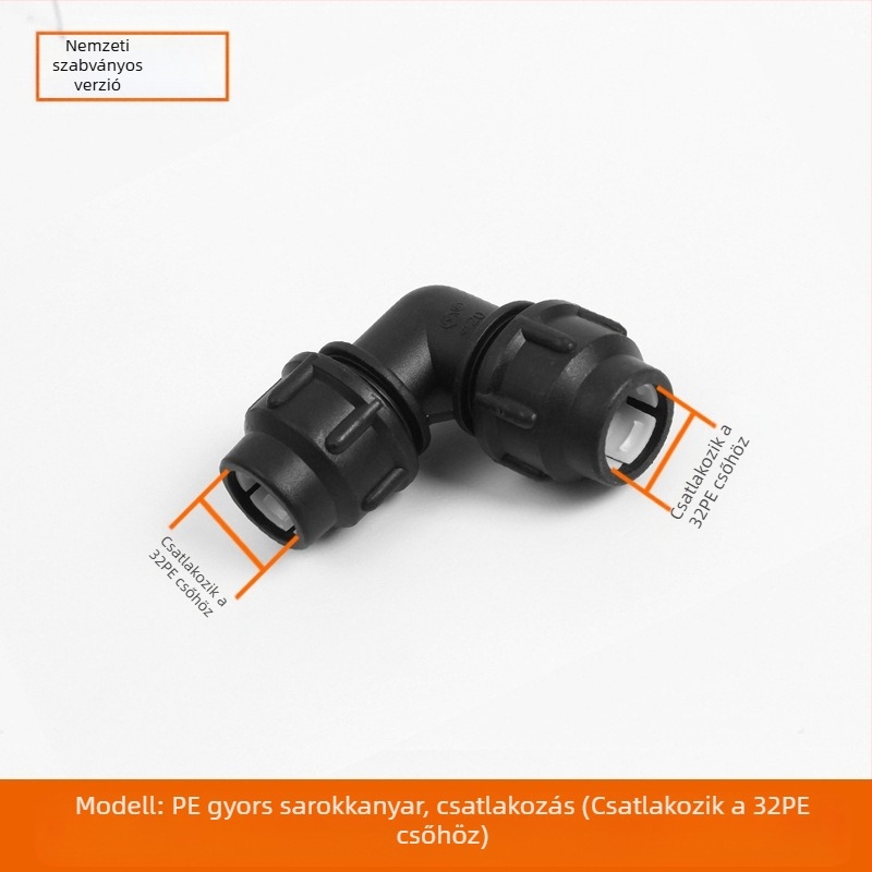 PE csőfitingek gyorscsatlakozással, T-alakú, könyök és toldó plus szelep; anyag PE; falvastagság 3,0 mm; osztály 80