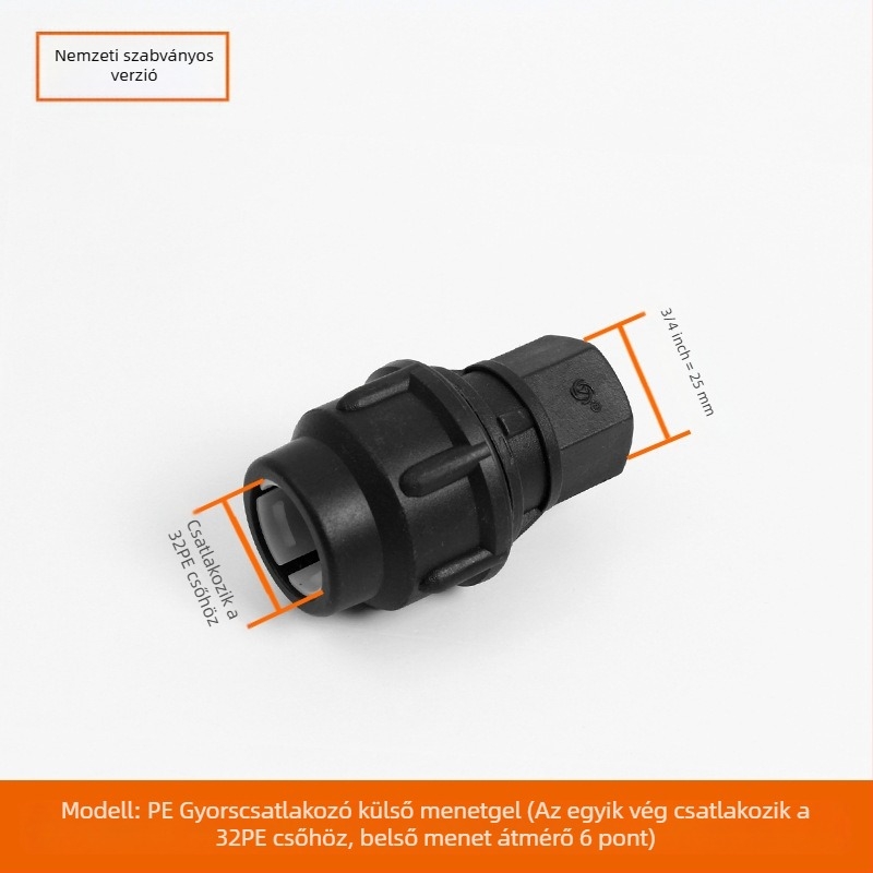 PE csőfitingek gyorscsatlakozással, T-alakú, könyök és toldó plus szelep; anyag PE; falvastagság 3,0 mm; osztály 80