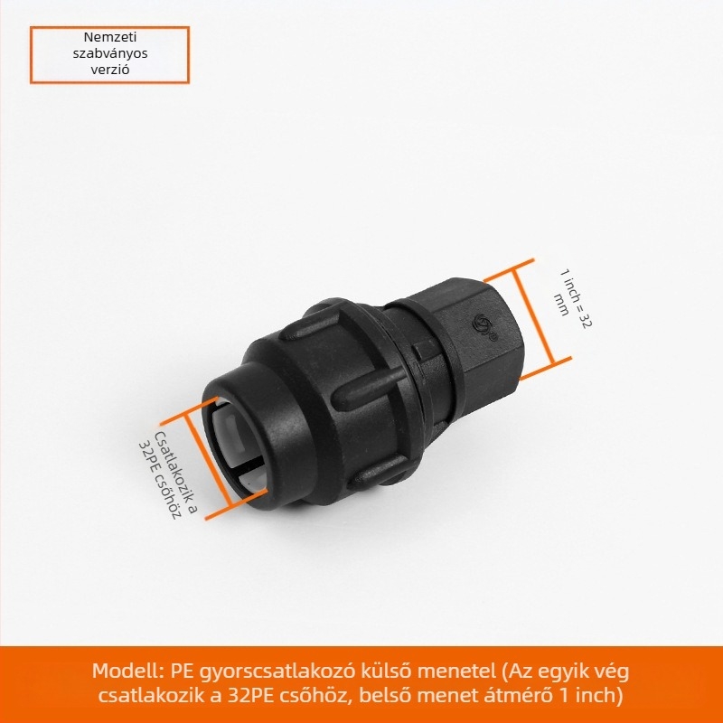 PE csőfitingek gyorscsatlakozással, T-alakú, könyök és toldó plus szelep; anyag PE; falvastagság 3,0 mm; osztály 80