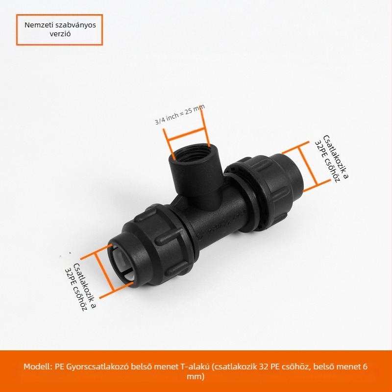 PE csőfitingek gyorscsatlakozással, T-alakú, könyök és toldó plus szelep; anyag PE; falvastagság 3,0 mm; osztály 80