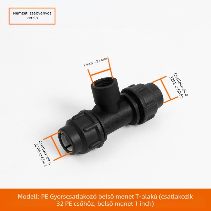 PE csőfitingek gyorscsatlakozással, T-alakú, könyök és toldó plus szelep; anyag PE; falvastagság 3,0 mm; osztály 80