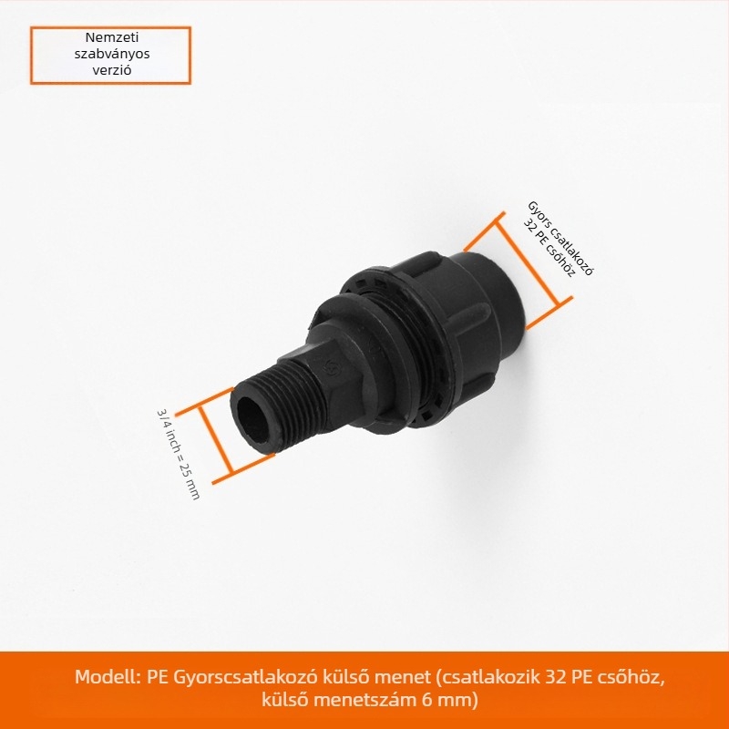 PE csőfitingek gyorscsatlakozással, T-alakú, könyök és toldó plus szelep; anyag PE; falvastagság 3,0 mm; osztály 80