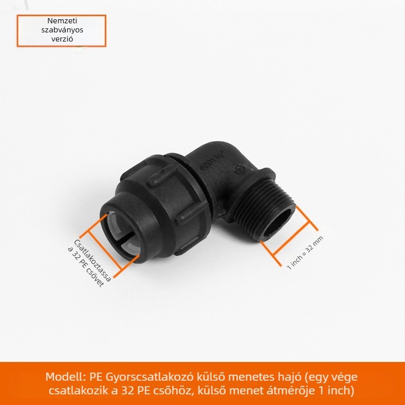 PE csőfitingek gyorscsatlakozással, T-alakú, könyök és toldó plus szelep; anyag PE; falvastagság 3,0 mm; osztály 80